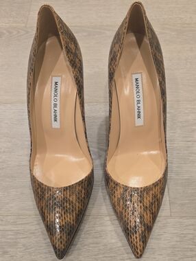 Manolo Blahnik Tan and Brown Snake-Print Pointed-Toe Pumps
